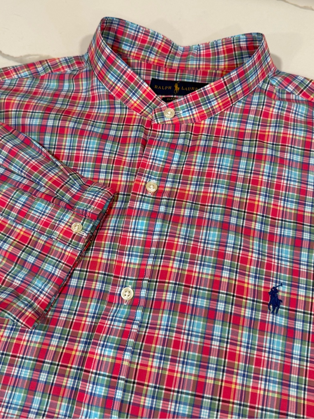 Ralph Lauren mens pink multi color button Down Shirt Tall 2XL Postboy 3/4 sleeve